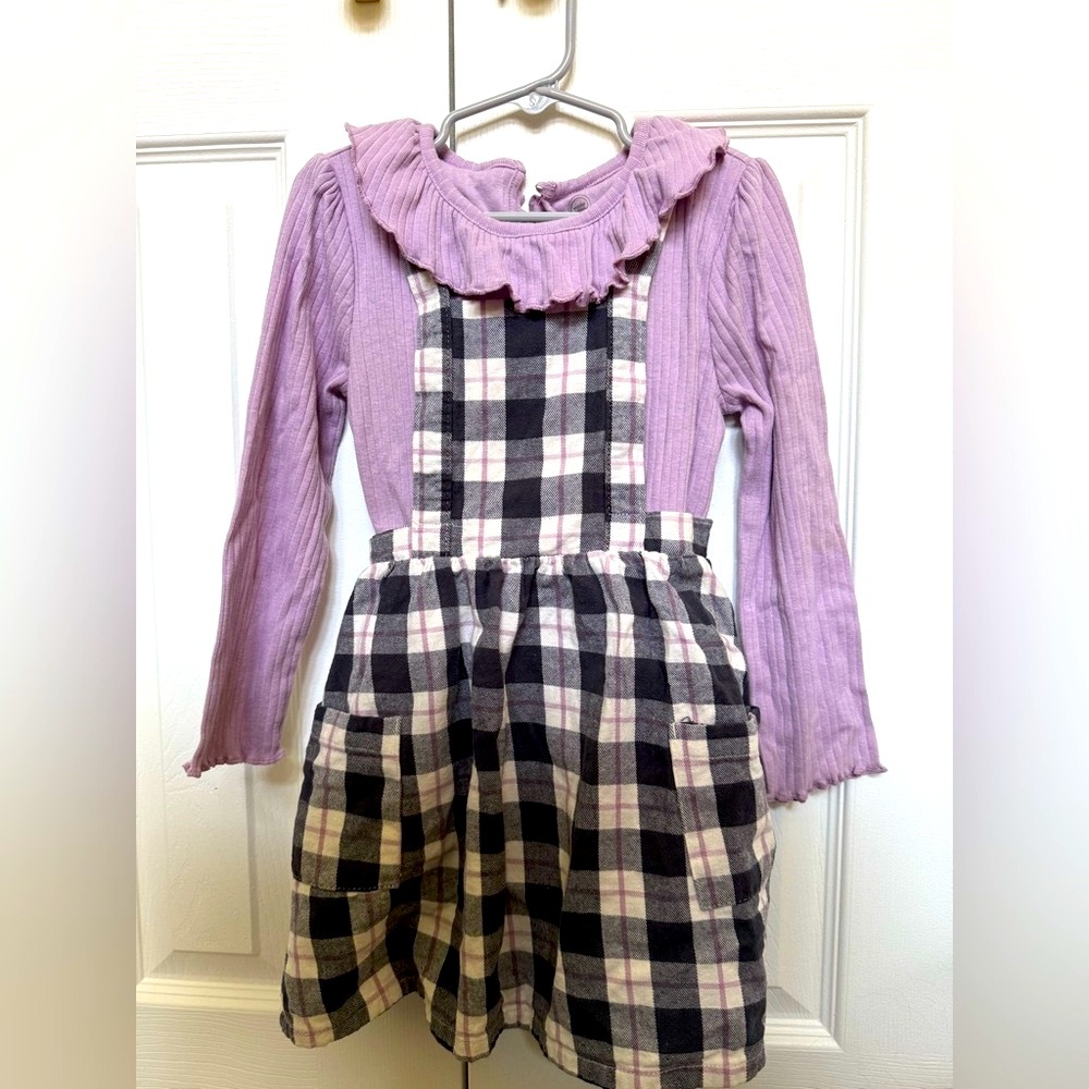 Girls Purple Long Sleeve Dress with Plaid Pinafore Size 5T Wonder Nation